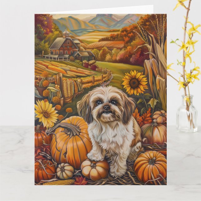 Malti Tzu Dog Autumn Harvest Thanksgiving Card (Yellow Flower)