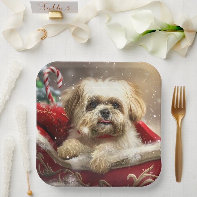 Malti Tzu Dog Christmas Festive Paper Plate (Wedding)