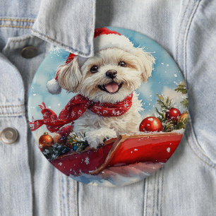 Malti Tzu Dog in Sledge Let it Snow Christmas 6 Inch Round Button