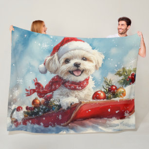 Malti Tzu Dog in Sledge Let it Snow Christmas Fleece Blanket