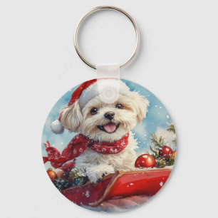 Malti Tzu Dog in Sledge Let it Snow Christmas Keychain