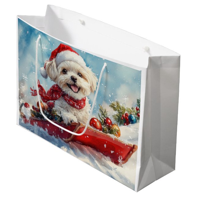Malti Tzu  Dog in Sledge Let it Snow Christmas Large Gift Bag (Front Angled)