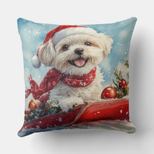 Malti Tzu Dog in Sledge Let it Snow Christmas Throw Pillow