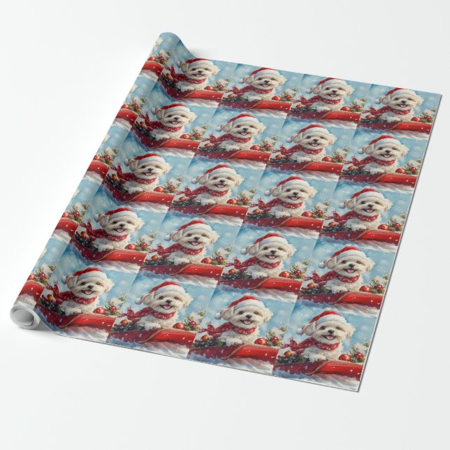 Malti Tzu  Dog in Sledge Let it Snow Christmas Wrapping Paper (Unrolled)