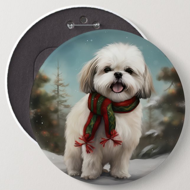 Malti Tzu Dog in Snow Christmas 6 Inch Round Button (Front & Back)