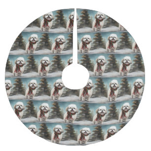 Malti Tzu Dog in Snow Christmas Brushed Polyester Tree Skirt