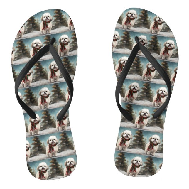 Malti Tzu Dog in Snow Christmas Flip Flops (Footbed)