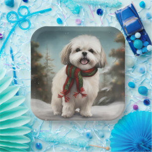 Malti Tzu Dog in Snow Christmas Paper Plate