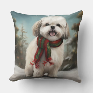 Malti Tzu Dog in Snow Christmas Throw Pillow