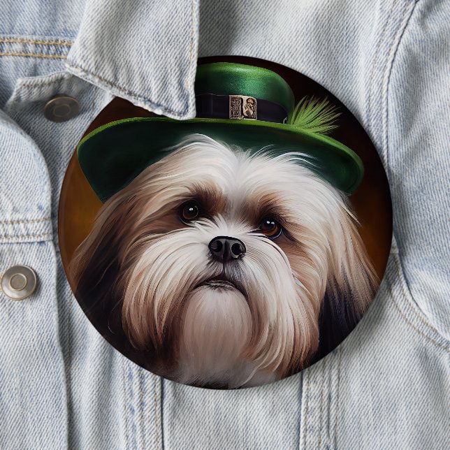 Malti Tzu Dog in St. Patrick's Day Dress 6 Inch Round Button (In Situ)