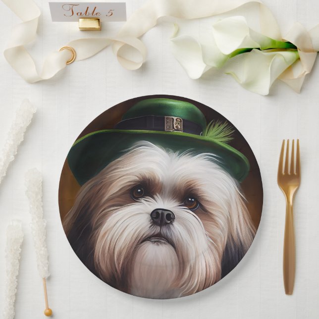 Malti Tzu Dog in St. Patrick's Day Dress Paper Plate (Wedding)