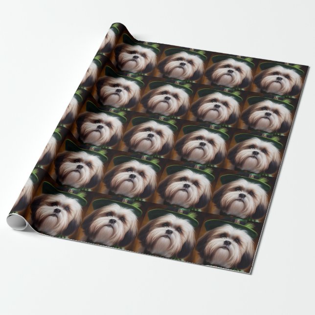 Malti Tzu Dog in St. Patrick's Day Dress Wrapping Paper (Unrolled)