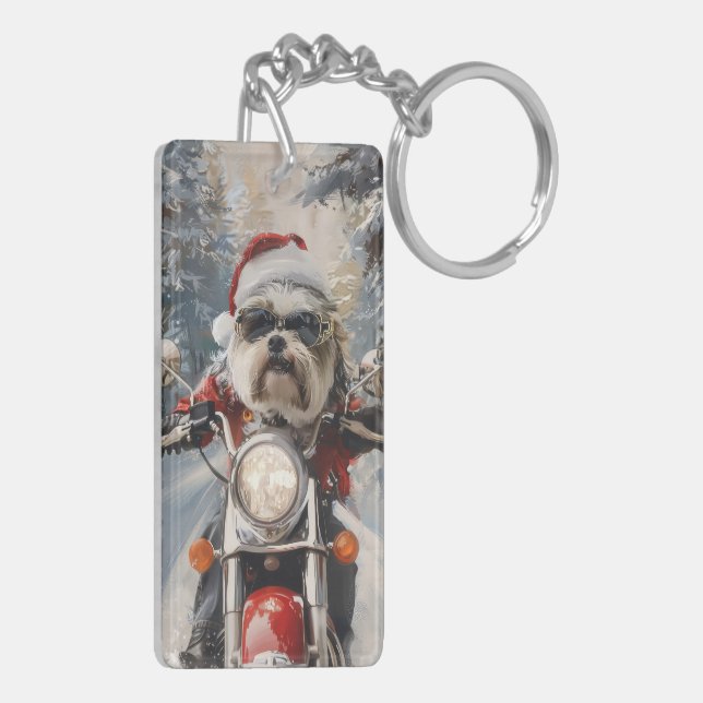 Malti Tzu Dog Riding Motorcycle Christmas Keychain (Back Left)
