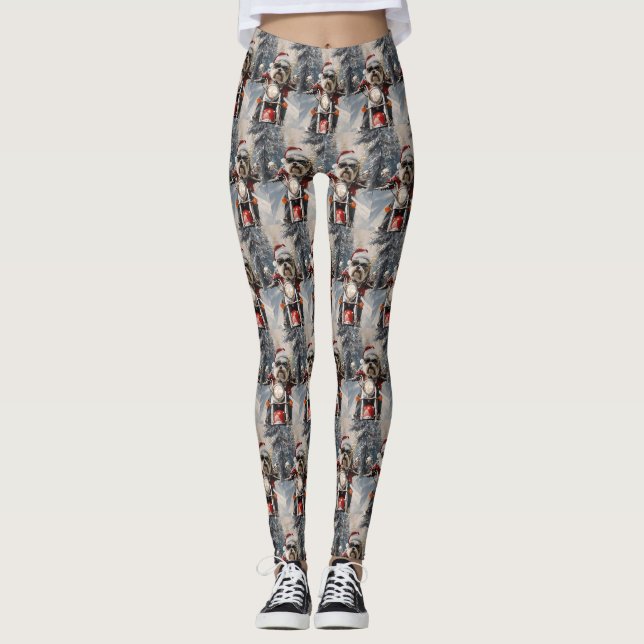 Malti Tzu Dog Riding Motorcycle Christmas Leggings (Front)