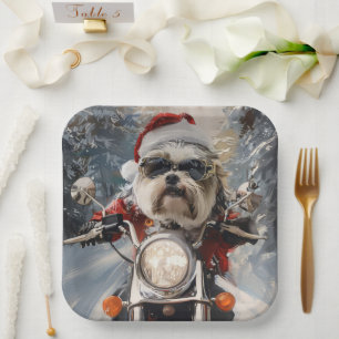 Malti Tzu Dog Riding Motorcycle Christmas Paper Plate