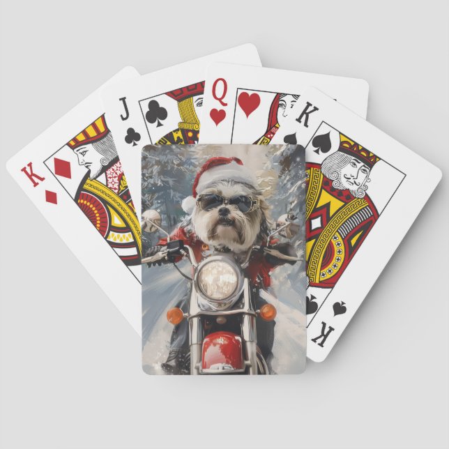 Malti Tzu Dog Riding Motorcycle Christmas Playing Cards (Back)