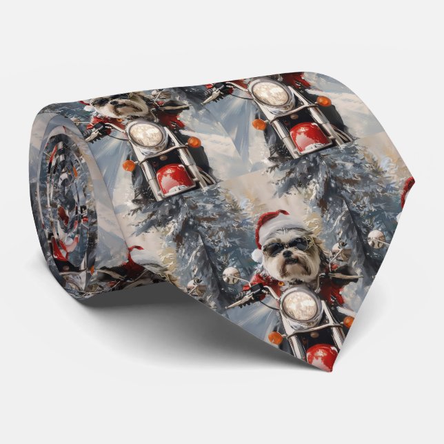 Malti Tzu Dog Riding Motorcycle Christmas Tie (Rolled)