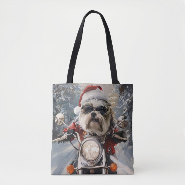 Malti Tzu Dog Riding Motorcycle Christmas Tote Bag (Front)
