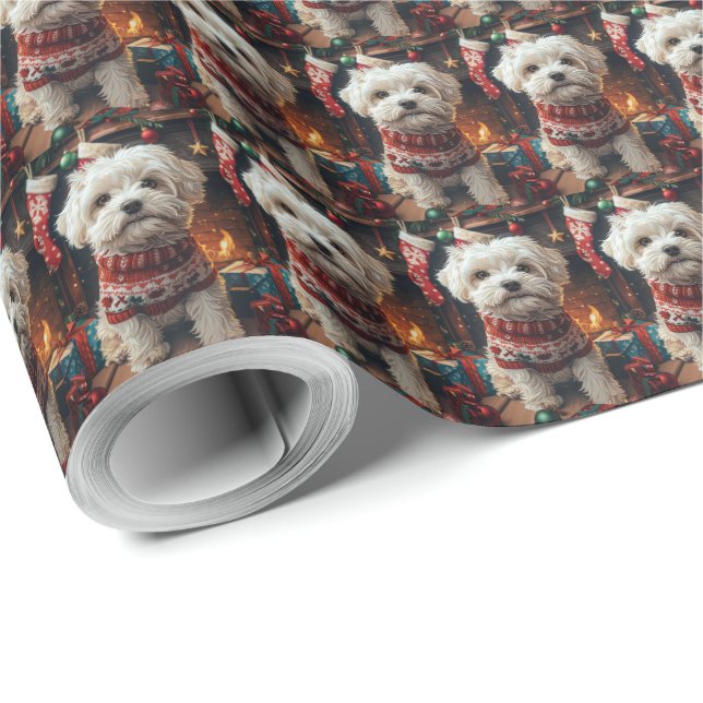 Malti Tzu Dog With Christmas Gifts Fireplace  Wrapping Paper (Roll Corner)