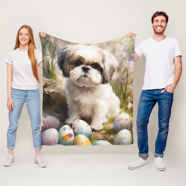 Malti Tzu Dog with Easter Eggs Holiday Fleece Blanket (In Situ)