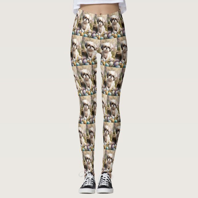 Malti Tzu Dog with Easter Eggs Holiday Leggings (Front)