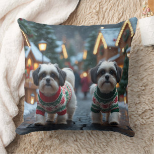Malti Tzu Dogs Christmas Snow Holiday Throw Pillow