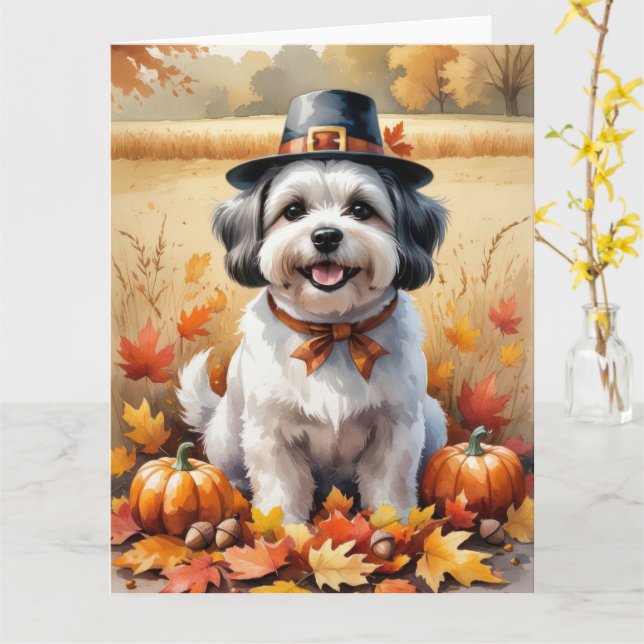 Malti Tzu In Autumn Leaves Thanksgiving Art  Card (Yellow Flower)