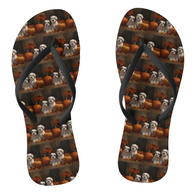 Malti tzu Puppy Autumn Delight Pumpkin Flip Flops (Footbed)