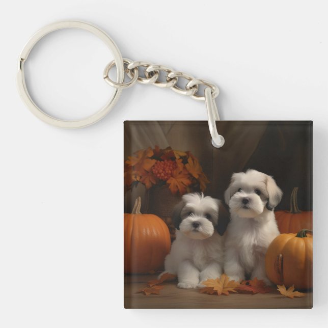 Malti tzu Puppy Autumn Delight Pumpkin Keychain (Front)