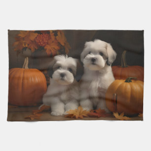 Malti tzu Puppy Autumn Delight Pumpkin Kitchen Towel