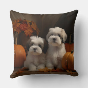 Malti tzu Puppy Autumn Delight Pumpkin Throw Pillow