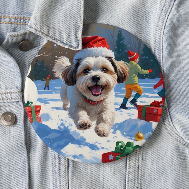 Malti Tzu Running in Snow with Christmas Hat 6 Inch Round Button (In Situ)