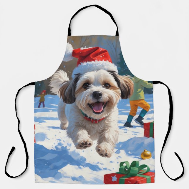 Malti Tzu Running in Snow with Christmas Hat Apron (Front)