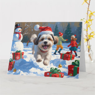 Malti Tzu Running in Snow with Christmas Hat Card