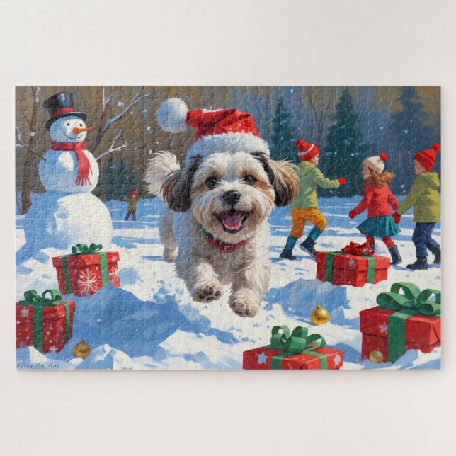 Malti Tzu Running in Snow with Christmas Hat Jigsaw Puzzle (Horizontal)