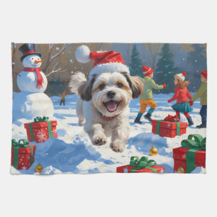 Malti Tzu Running in Snow with Christmas Hat Kitchen Towel