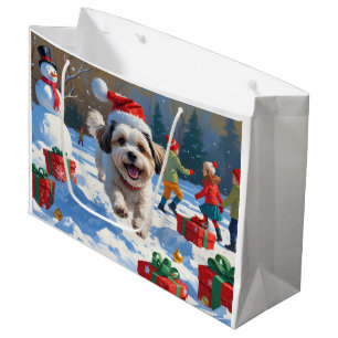Malti Tzu Running in Snow with Christmas Hat Large Gift Bag