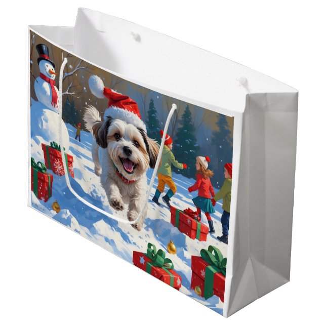 Malti Tzu Running in Snow with Christmas Hat Large Gift Bag (Front Angled)