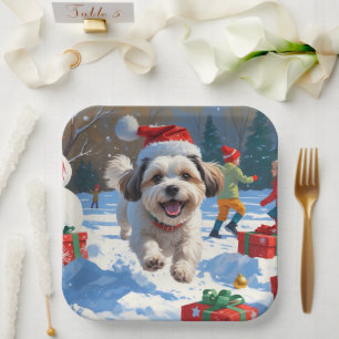 Malti Tzu Running in Snow with Christmas Hat Paper Plate