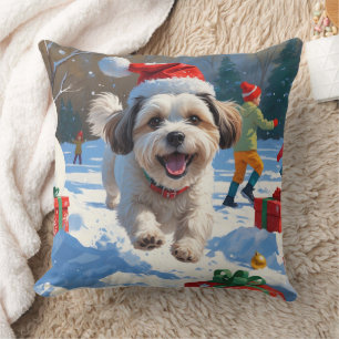 Malti Tzu Running in Snow with Christmas Hat Throw Pillow