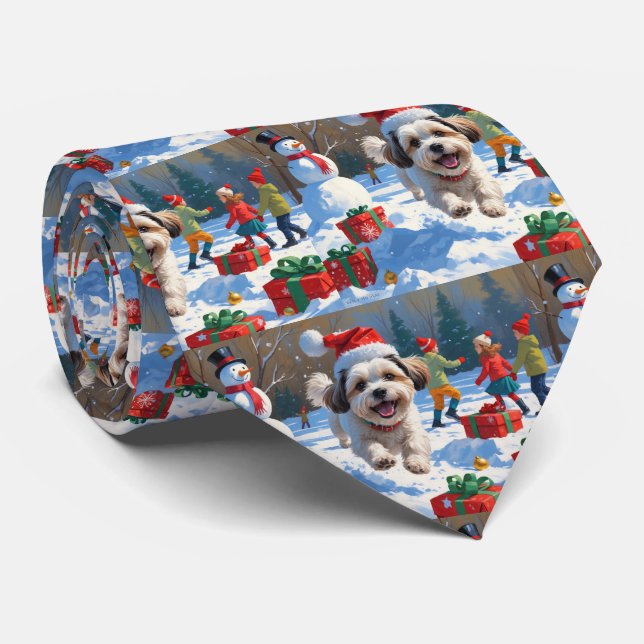 Malti Tzu Running in Snow with Christmas Hat Tie (Rolled)