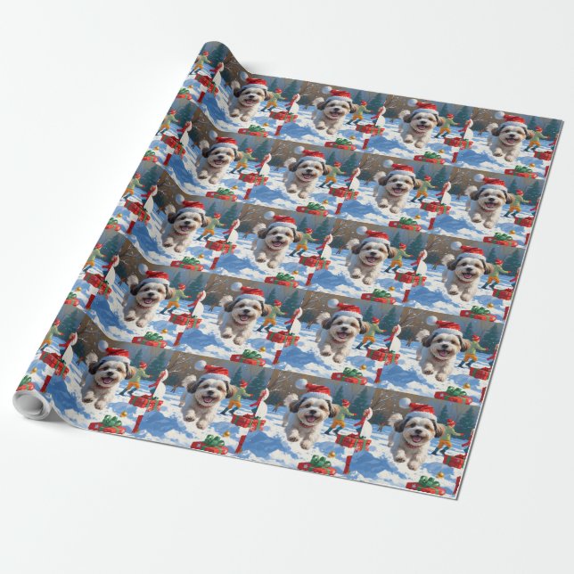 Malti Tzu Running in Snow with Christmas Hat Wrapping Paper (Unrolled)