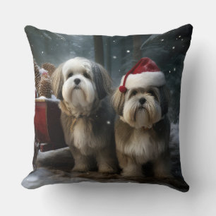 Malti tzu Snowy Sleigh Christmas Decor Throw Pillow