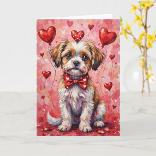 Malti Tzu Valentine Dog Sitting with Hearts Red Card