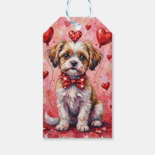 Malti Tzu Valentine Dog Sitting with Hearts Red Gift Tags