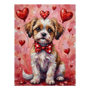 Malti Tzu Valentine Dog Sitting with Hearts Red Poster