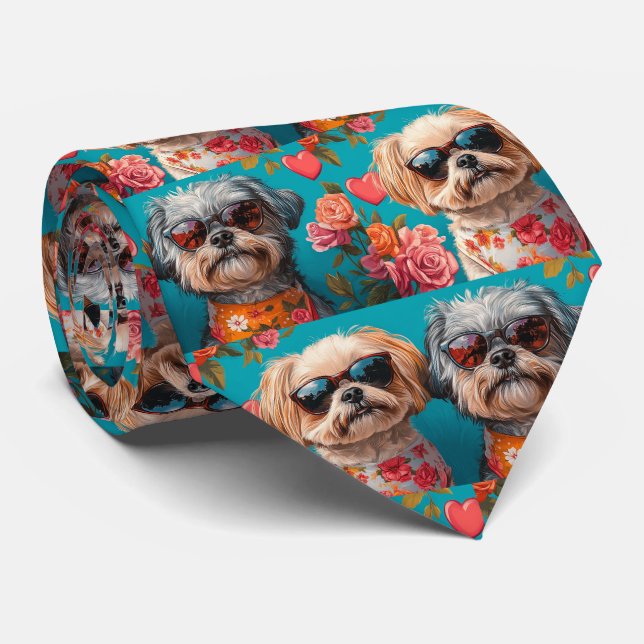 Malti Tzu with Heart Roses Valentine's Day  Tie (Rolled)