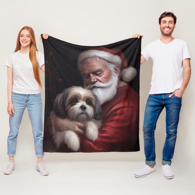 Malti Tzu With Santa Claus Festive Christmas Fleece Blanket (In Situ)