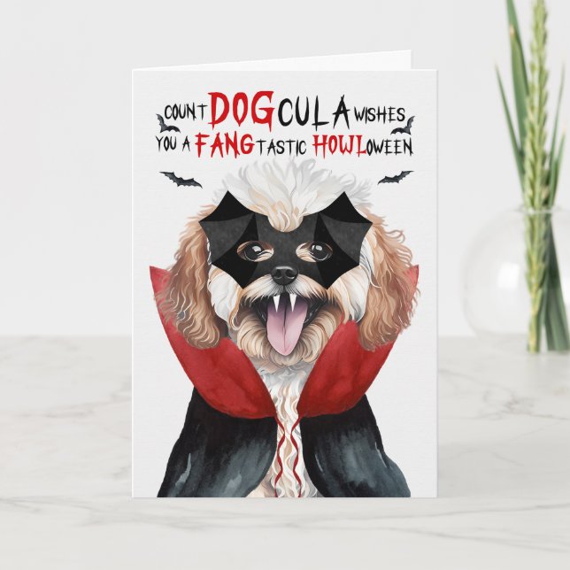 Maltipoo Dog Funny Count DOGcula Halloween Holiday Card (Front)