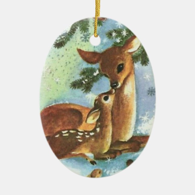 Mama and Baby Deer Ceramic Christmas Ornament (Front)